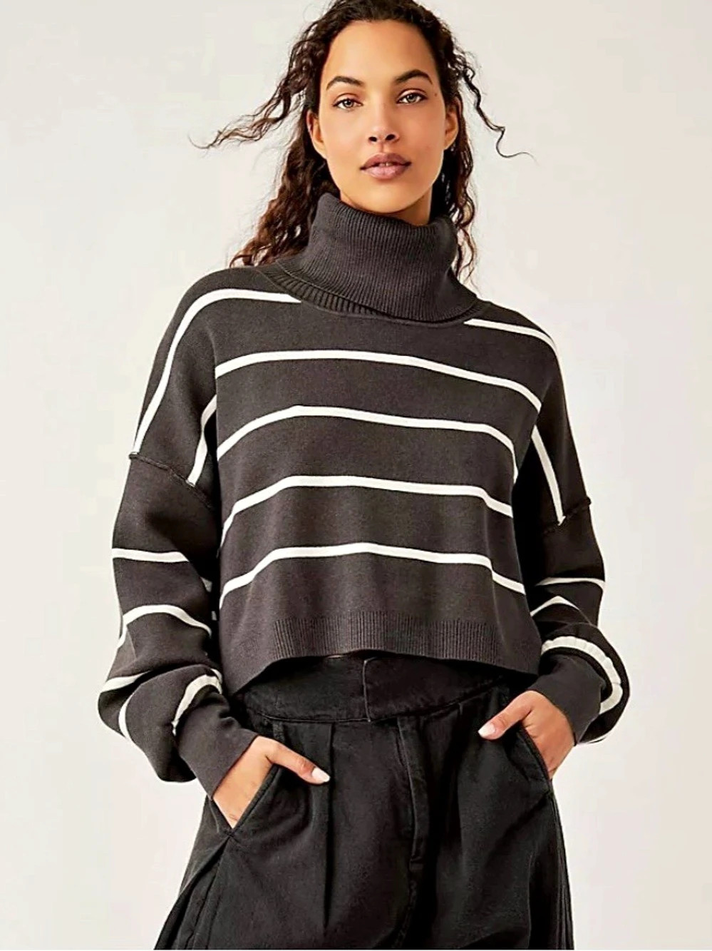 Free People Striped Turtleneck Sweater Navy & White Small